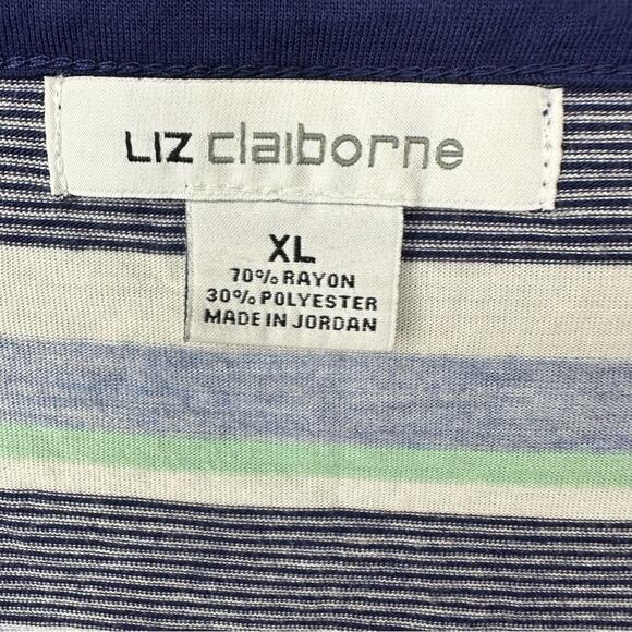 Liz Claiborne Multicolor Blue Striped Short Sleeve V Neck Split Crew Neck Top XL - Picture 3 of 3
